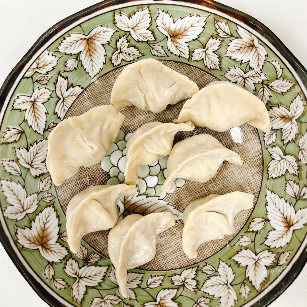 Dumplings in different shapes on a patterned ceramic plate